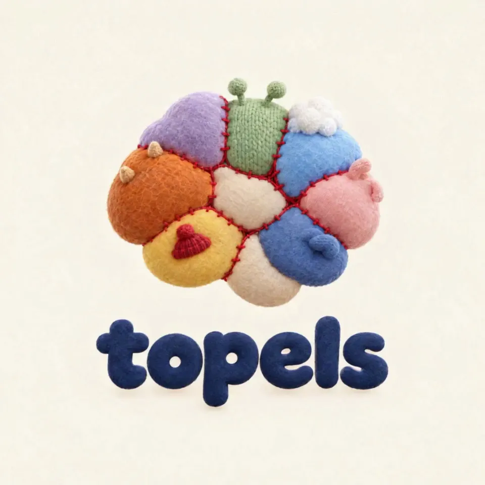 The Topels logo: a brain sewn from the eight Topels' fabrics, its stitches glowing like synapses